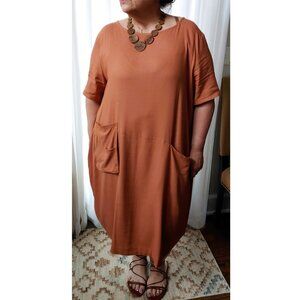 NEW Women's Linen Tunic Dress, Short Sleeve, Kaftan Style Midi, Pumpkin, XLG